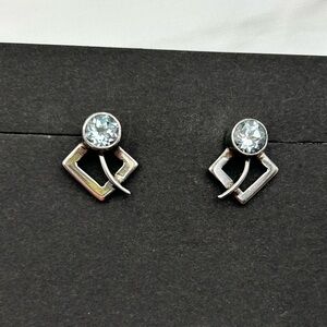 Sterling Silver 925 Handcrafted Stud Earrings with Lt. Blue Crystal Geometric